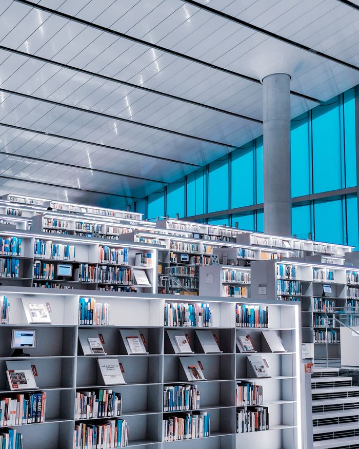 Contemporary library with tall bookshelves and large windows, creating a bright and airy atmosphere.